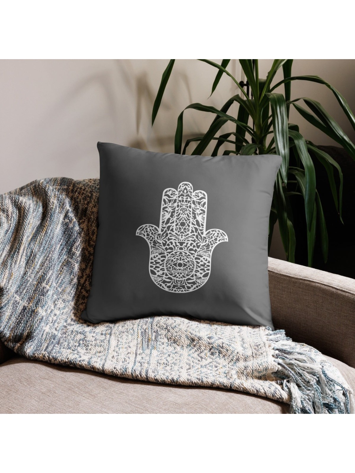 Ornate Hamsa Design with Jewish Symbols Pillow