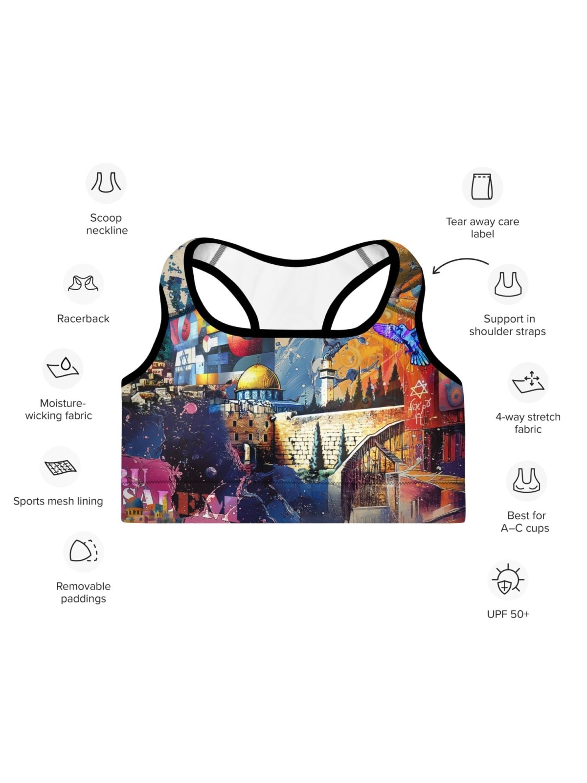 Jerusalem Pop Art Designer Padded Sports Bra
