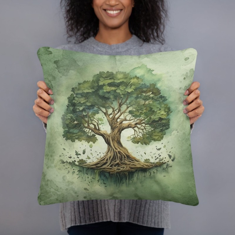 Coussin décoratif vert arbre de vie en fleurs