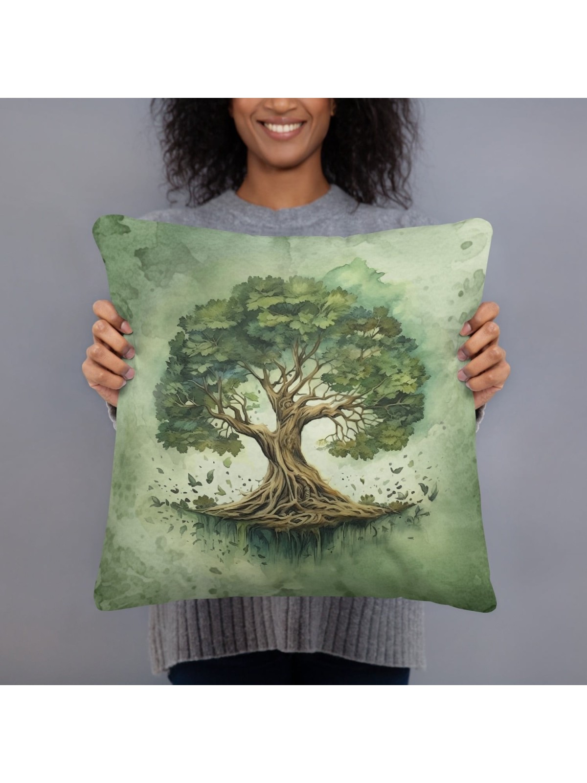 Blooming Tree of Life Green Decorative Pillow