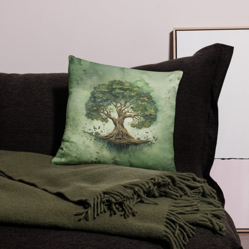Coussin décoratif vert arbre de vie en fleurs