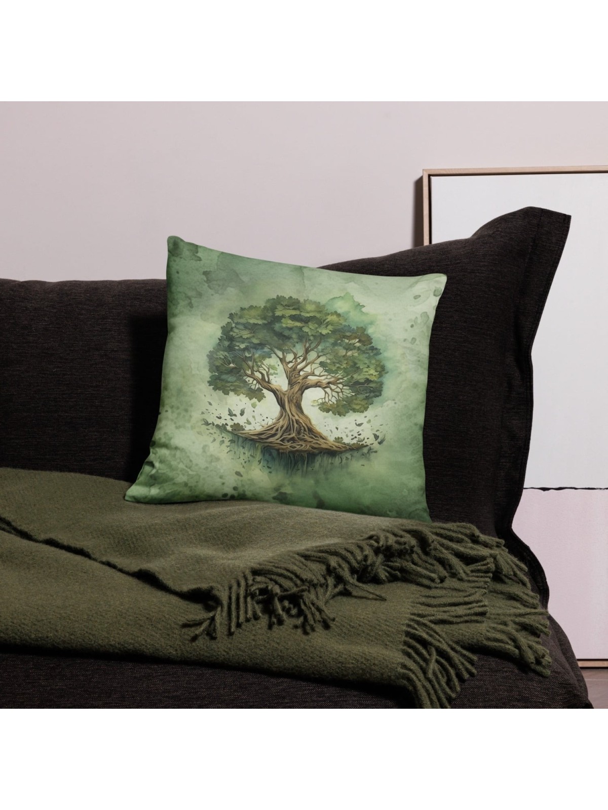 Coussin décoratif vert arbre de vie en fleurs