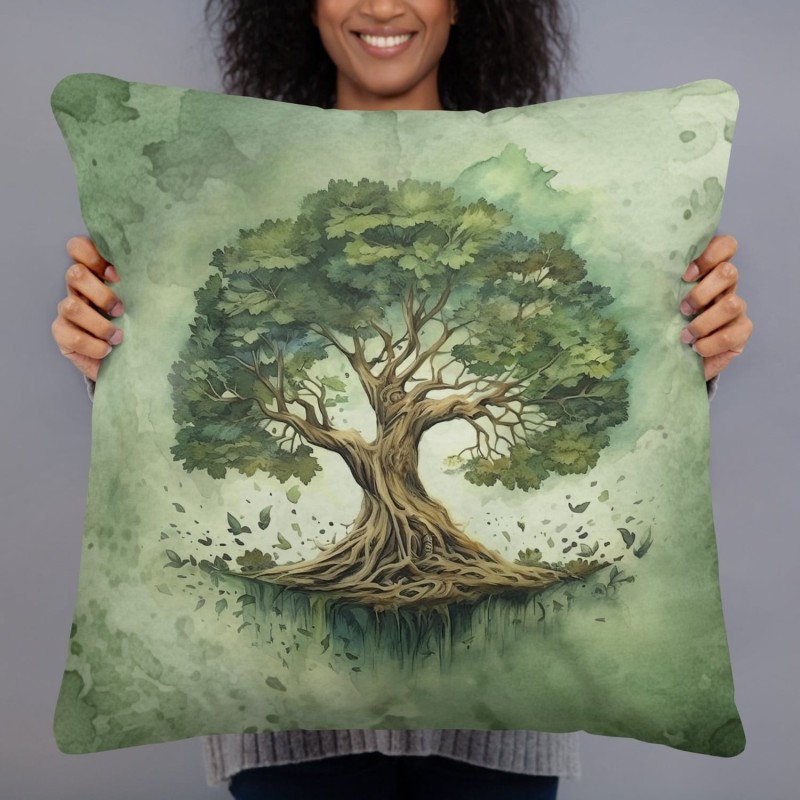 Coussin décoratif vert arbre de vie en fleurs