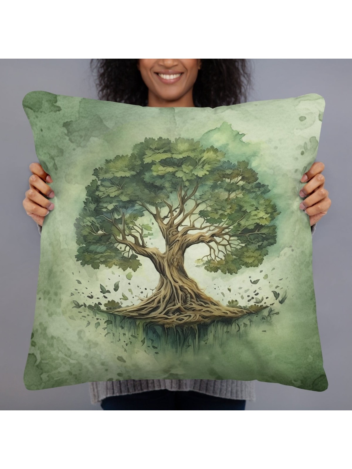 Blooming Tree of Life Green Decorative Pillow
