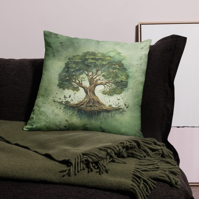 Coussin décoratif vert arbre de vie en fleurs
