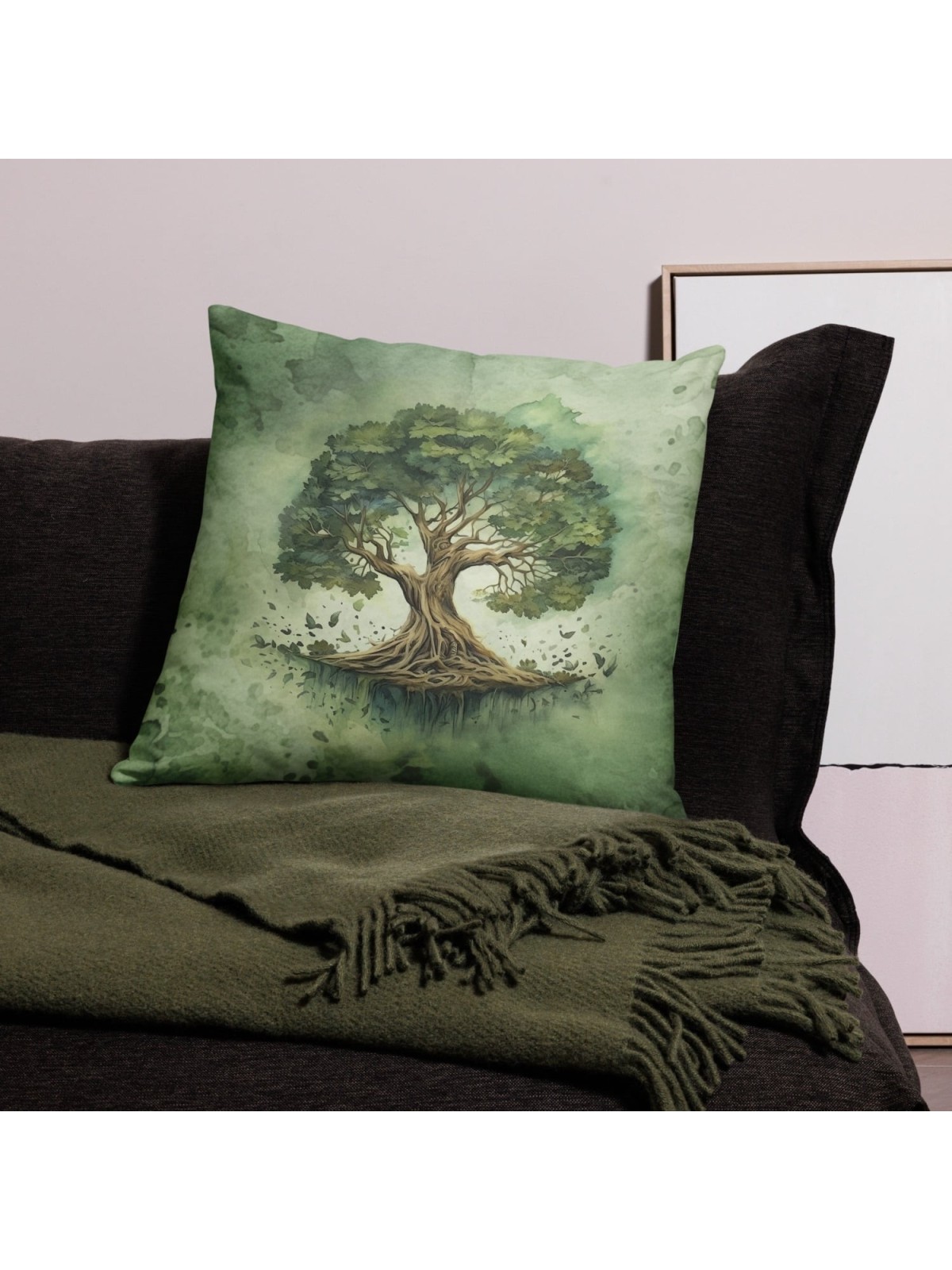 Coussin décoratif vert arbre de vie en fleurs