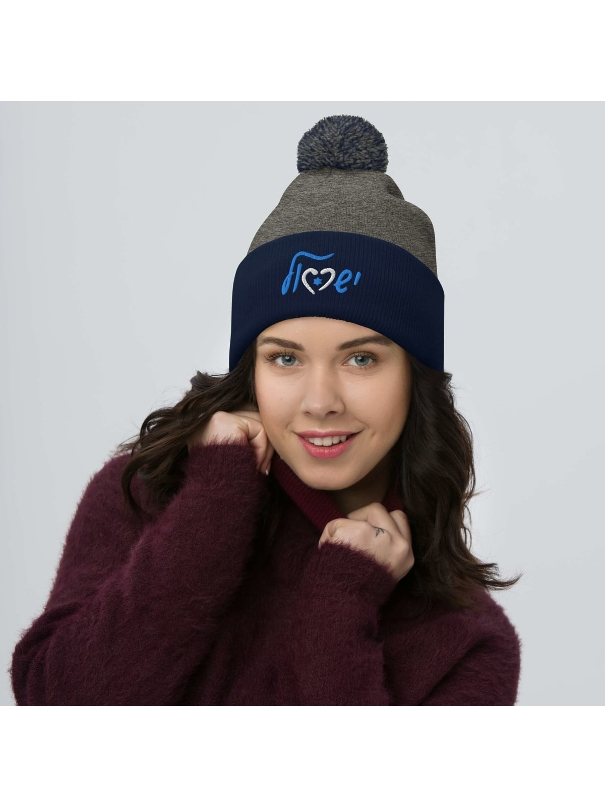 Bonnet en tricot à pompon brodé Love Israel