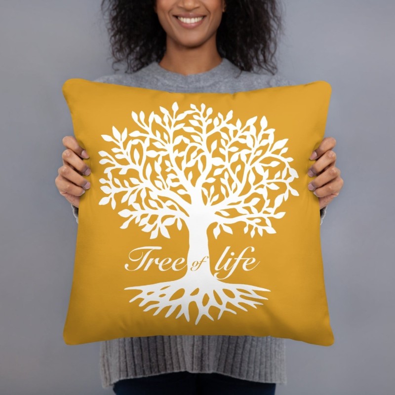 Oreiller jaune silhouette arbre de vie