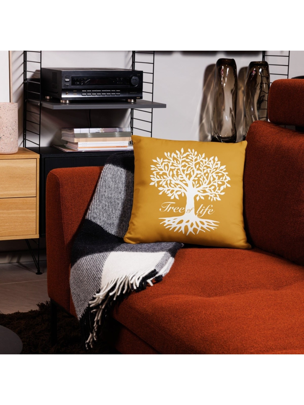 Oreiller jaune silhouette arbre de vie