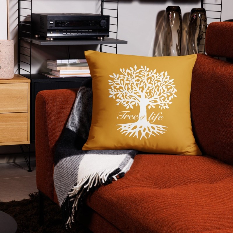 Oreiller jaune silhouette arbre de vie