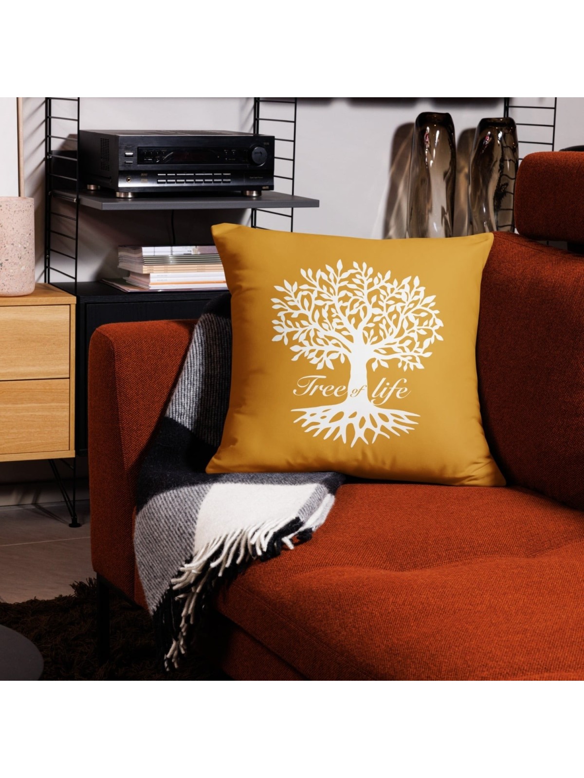 Oreiller jaune silhouette arbre de vie