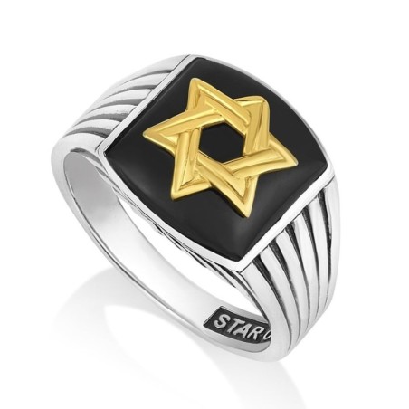 Bague pour homme en argent sterling plaqué or avec étoile de David et onyx