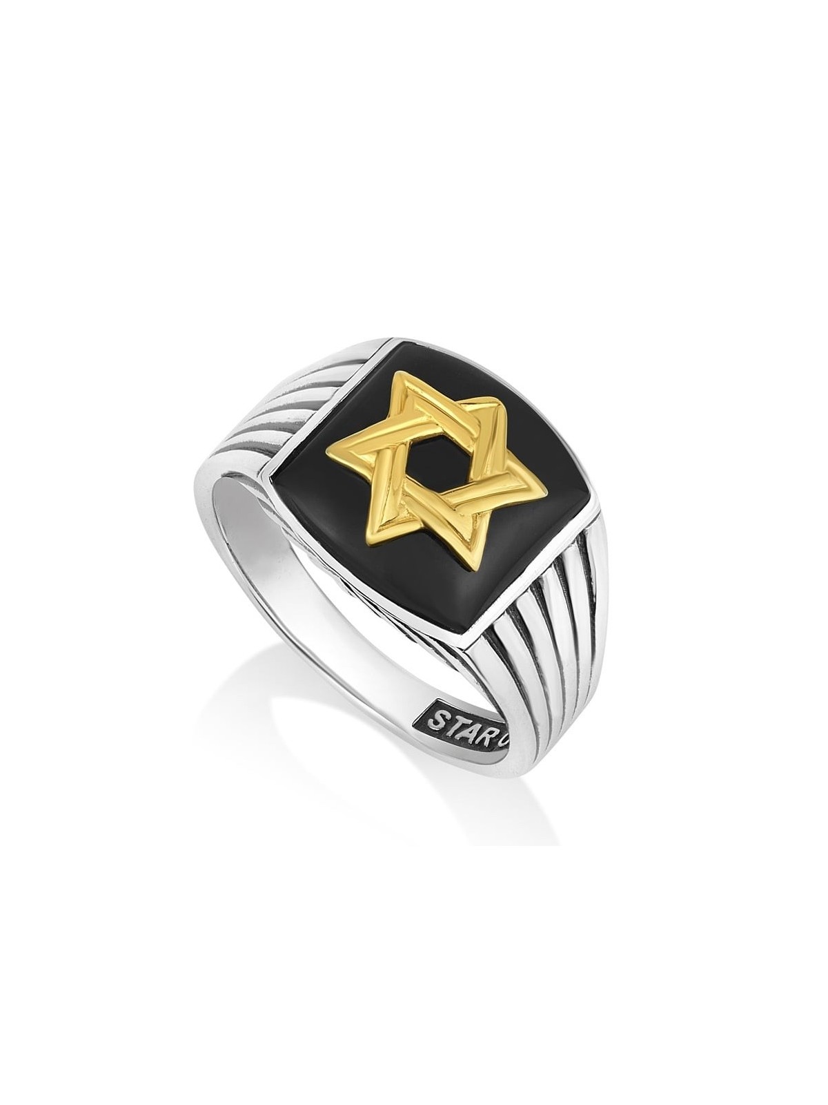 Bague pour homme en argent sterling plaqué or avec étoile de David et onyx
