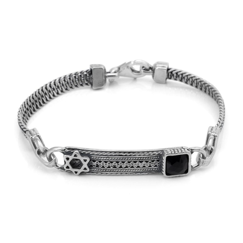 Bracelet homme étoile de David en argent sterling et pierre d'onyx noir avec P