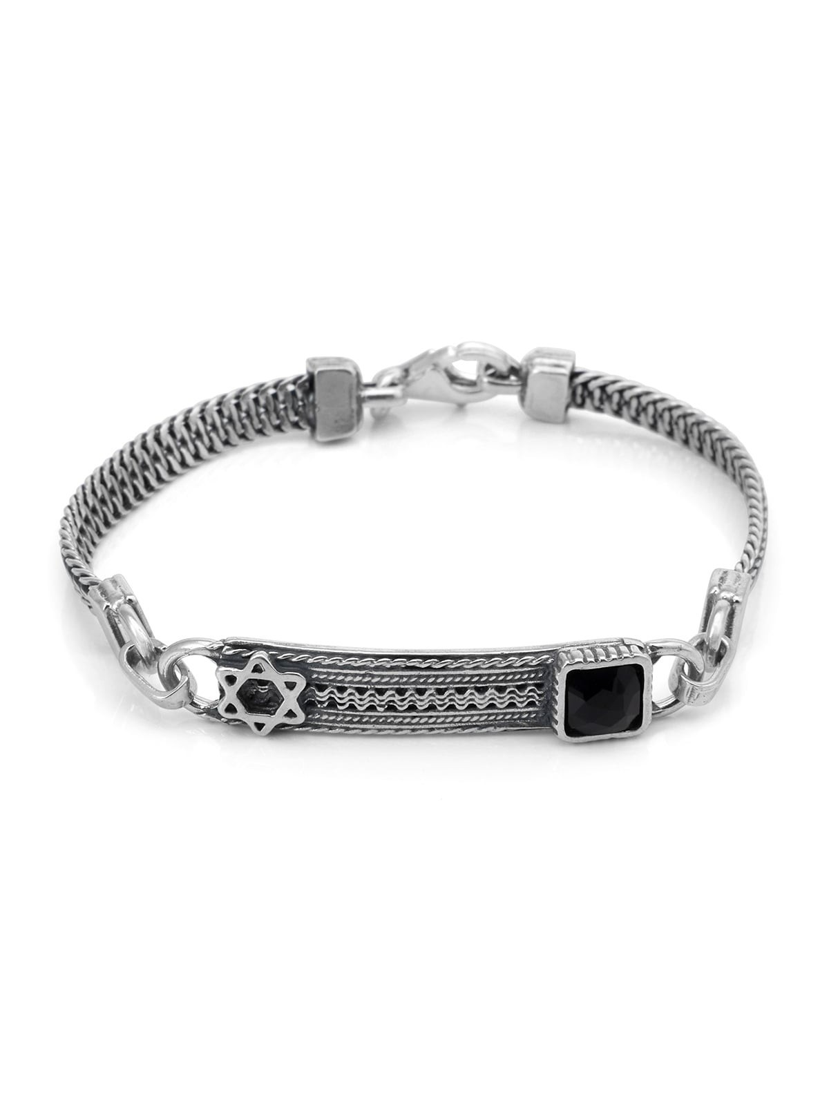 Bracelet homme étoile de David en argent sterling et pierre d'onyx noir avec P