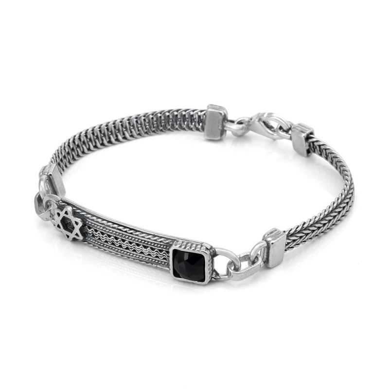 Star of David Men's Sterling Silver & Black Onyx Stone Bracelet With P