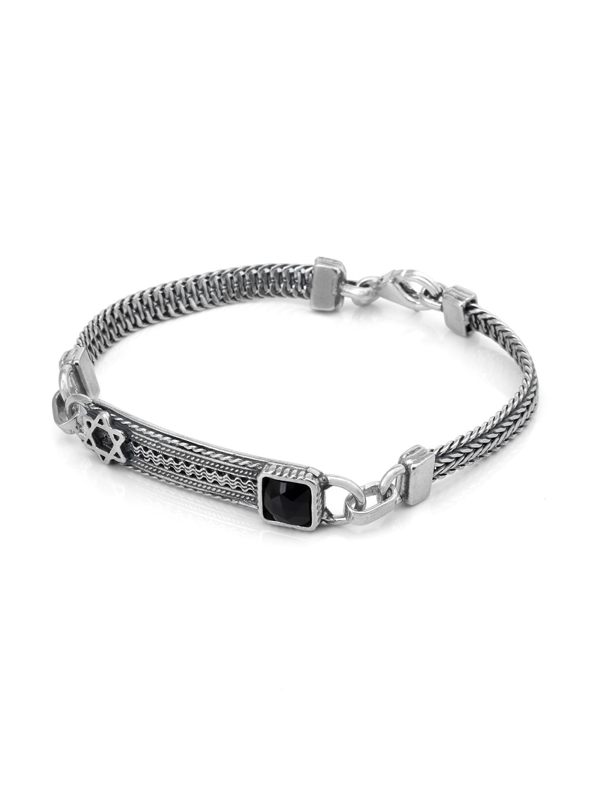 Star of David Men's Sterling Silver & Black Onyx Stone Bracelet With P