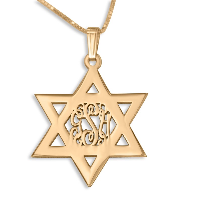 Collier personnalisé avec monogramme étoile de David en argent plaqué or 24 carats