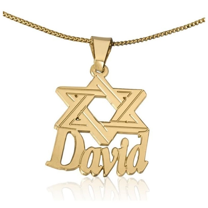 Collier prénom en argent plaqué or 24 carats en anglais avec étoile de David-Ver