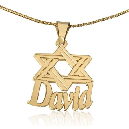 Collier prénom en argent plaqué or 24 carats en anglais avec étoile de David-Ver
