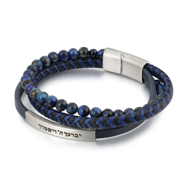 Bracelet en cuir perlé à 3 bandes pour hommes avec bénédiction sacerdotale avec C magnétique