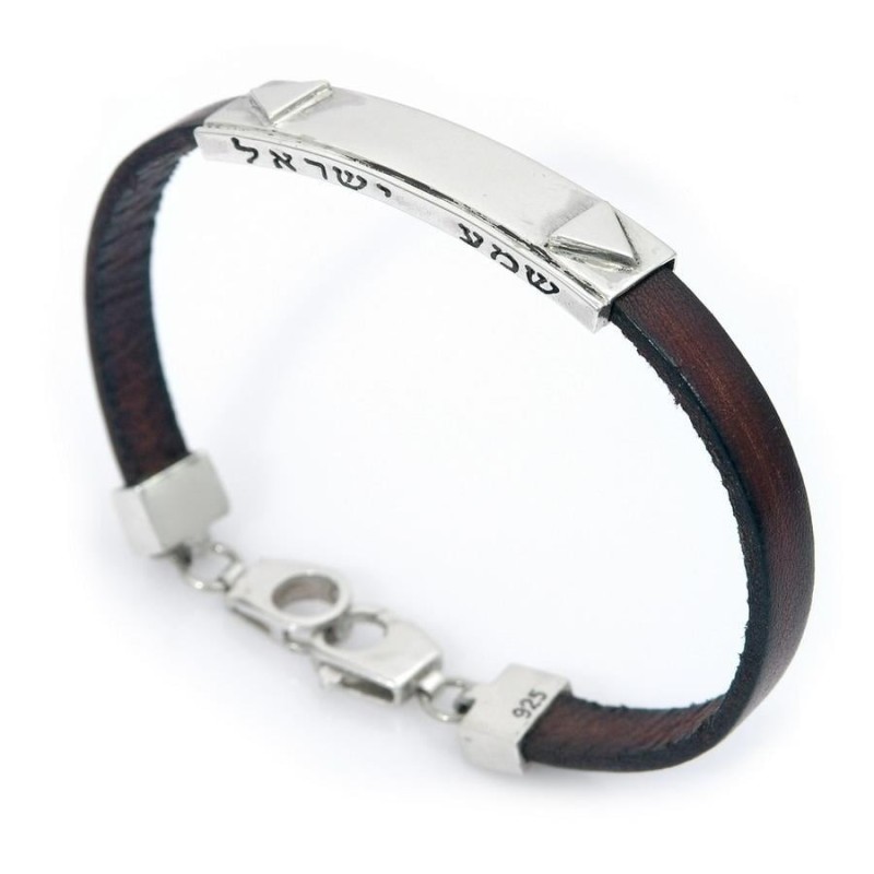 Shema Israel: Silver and Leather Bracelet with Diamond Accent