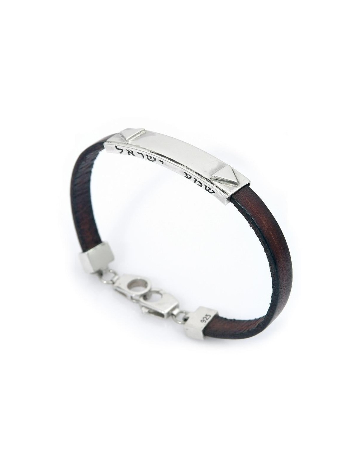 Shema Israel : Bracelet en argent et cuir avec accents de diamants