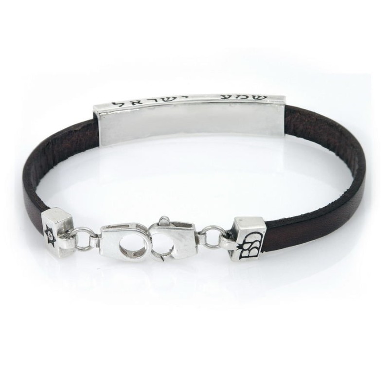 Shema Israel : Bracelet en argent et cuir avec accents de diamants