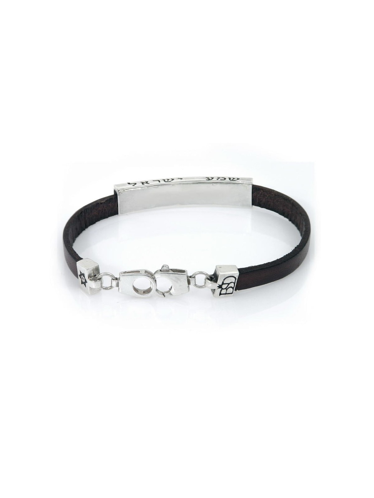 Shema Israel : Bracelet en argent et cuir avec accents de diamants