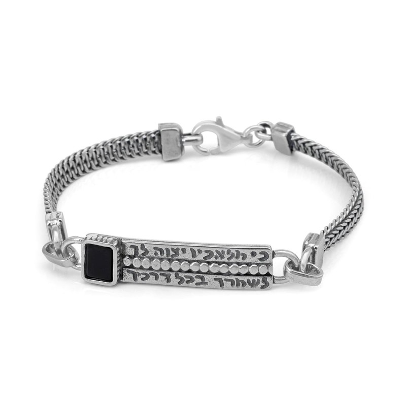 Bracelet en argent sterling pour hommes Traveler's Prayer avec pierre d'onyx noir