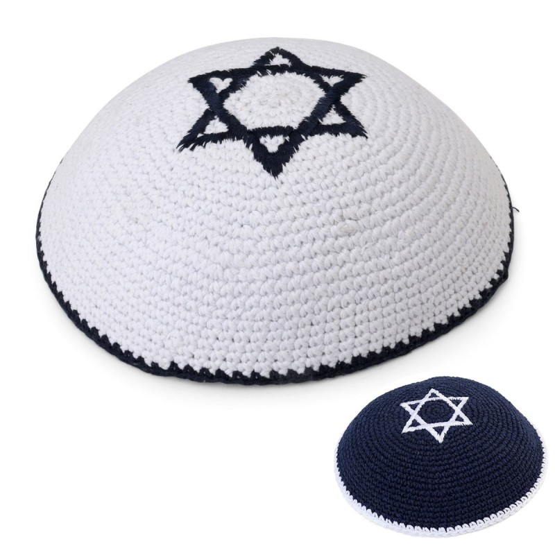Embroidered and Knitted Kippah with Star of David - Choice of Color
