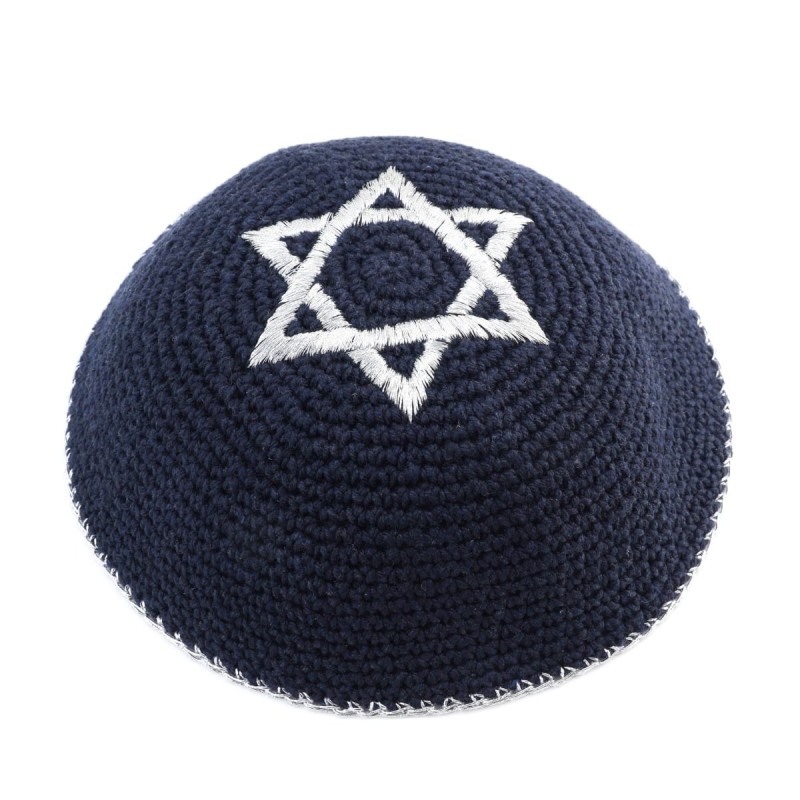 Embroidered and Knitted Kippah with Star of David - Choice of Color
