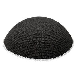 Black Knitted Kippah with White Border