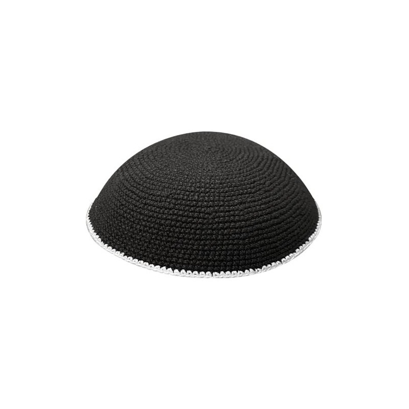 Black Knitted Kippah with White Border