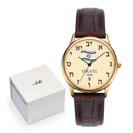Adi Watches Gold-Plated Israeli Flag Watch with Hebrew Letters - Unise