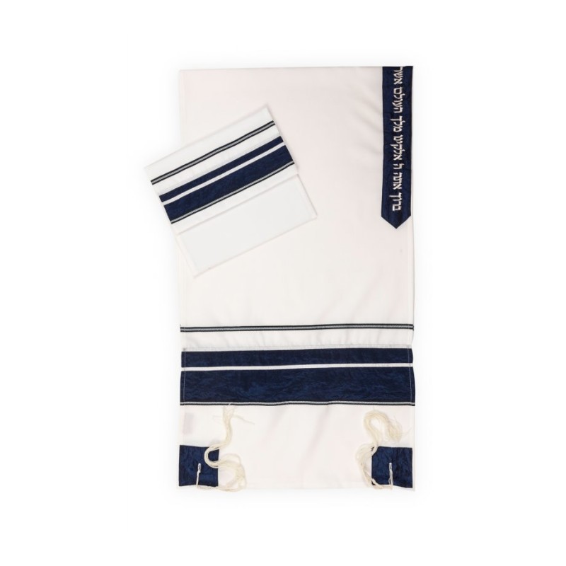 White Tallit with Blue Crinkled Stripe Set by Roni... | Modern Tallits
