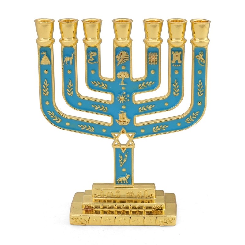 Tribes of Israel Gold Plated 7-Branched Menorah with Star of David