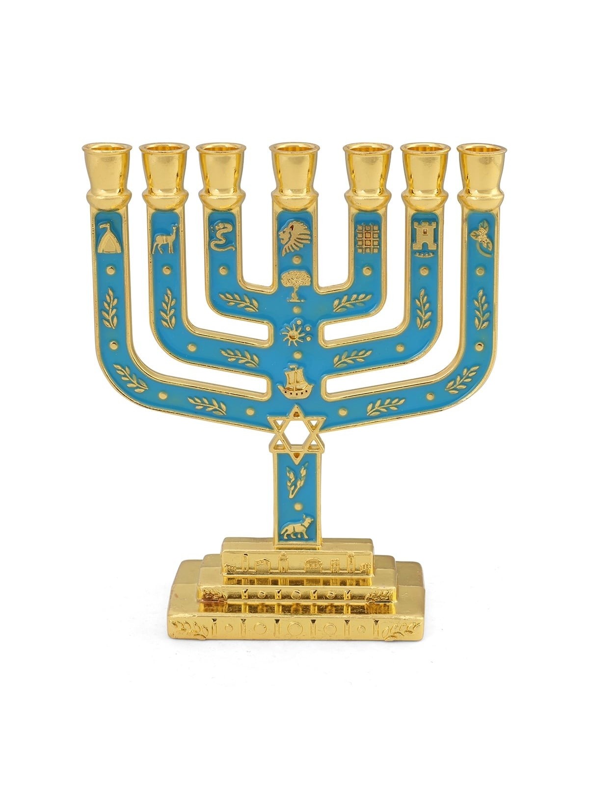 Tribes of Israel Gold Plated 7-Branched Menorah with Star of David
