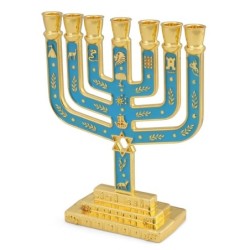 Tribes of Israel Gold Plated 7-Branched Menorah with Star of David