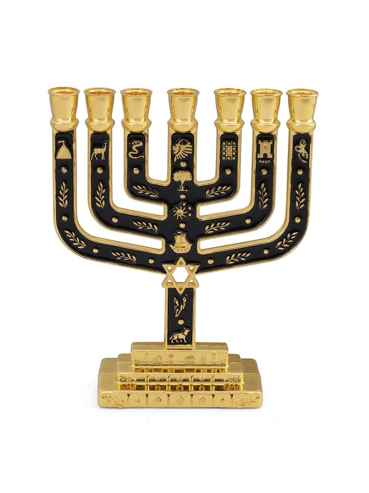 Tribes of Israel Gold Plated 7-Branched Menorah with Star of David
