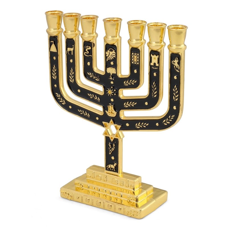 Tribes of Israel Gold Plated 7-Branched Menorah with Star of David