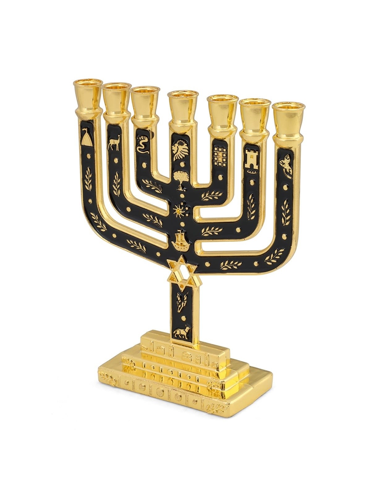 Tribes of Israel Gold Plated 7-Branched Menorah with Star of David