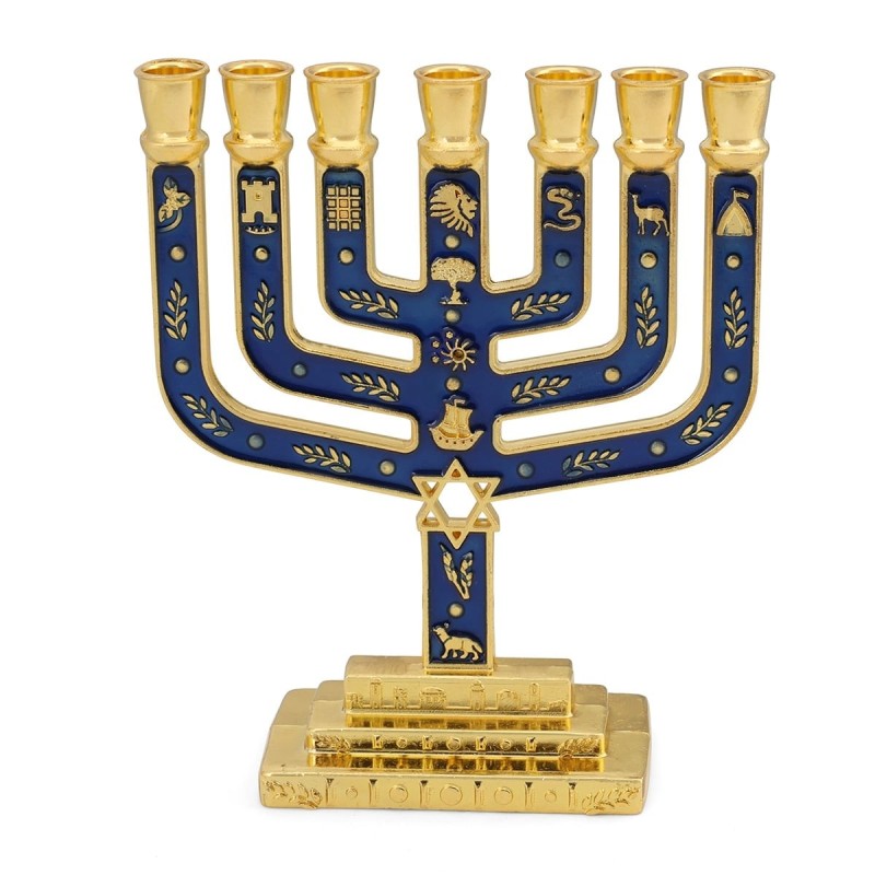 Tribes of Israel Gold Plated 7-Branched Menorah with Star of David