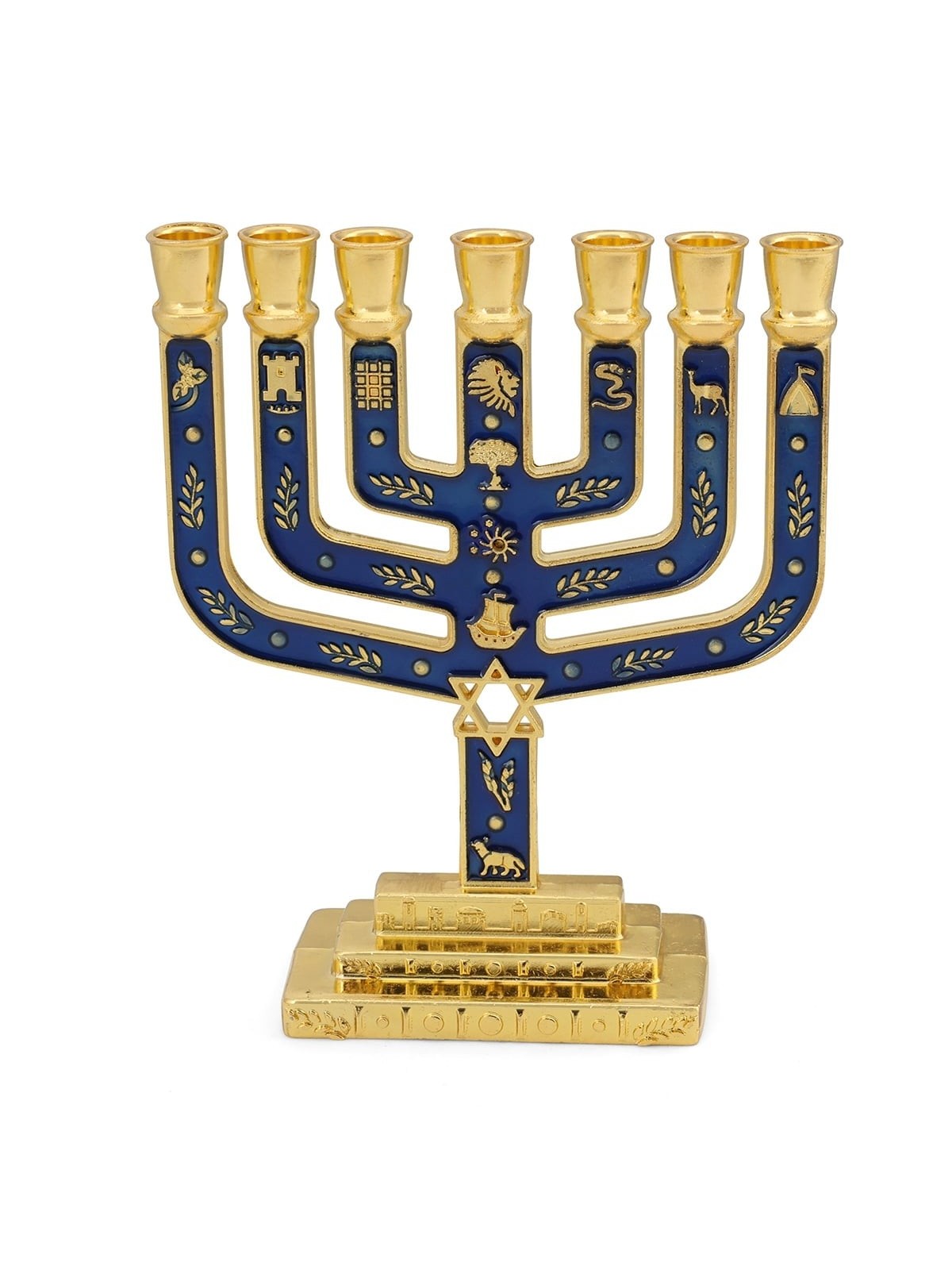 Tribes of Israel Gold Plated 7-Branched Menorah with Star of David