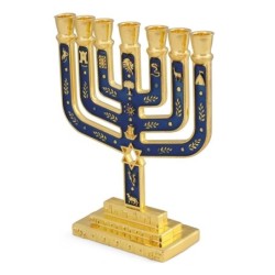 Tribes of Israel Gold Plated 7-Branched Menorah with Star of David