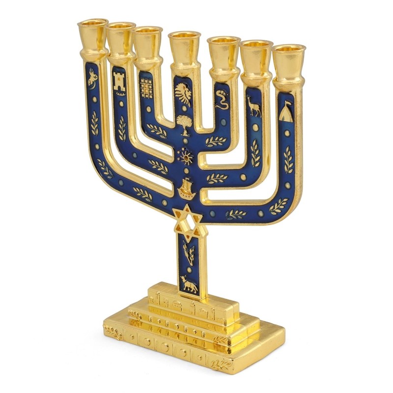 Tribes of Israel Gold Plated 7-Branched Menorah with Star of David