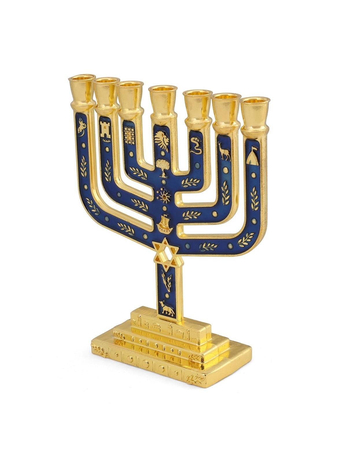 Tribes of Israel Gold Plated 7-Branched Menorah with Star of David