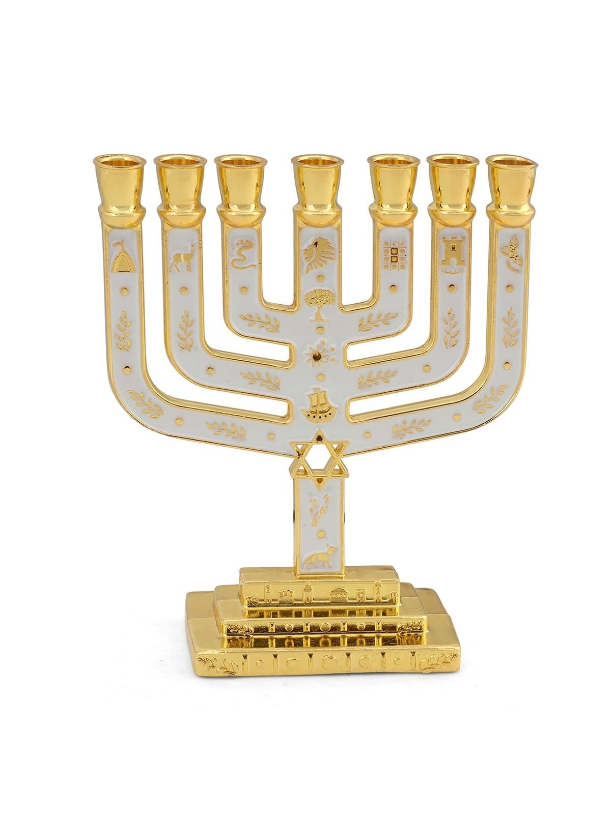 Tribes of Israel Gold Plated 7-Branched Menorah with Star of David