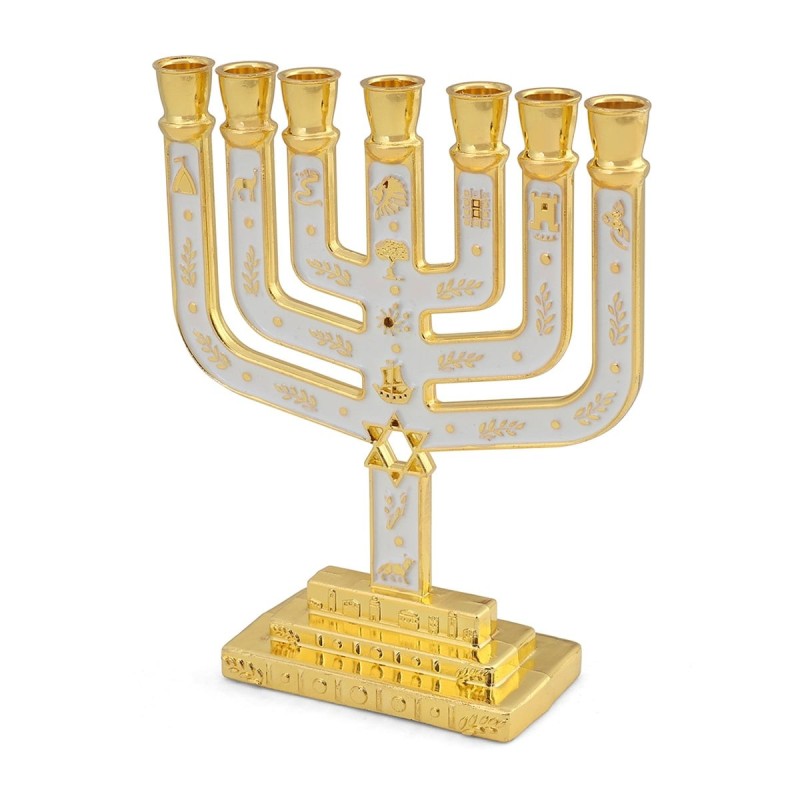 Tribes of Israel Gold Plated 7-Branched Menorah with Star of David