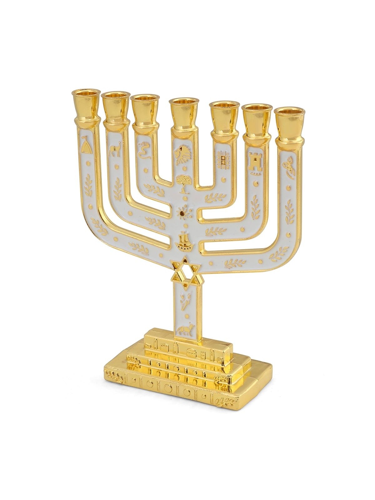Tribes of Israel Gold Plated 7-Branched Menorah with Star of David